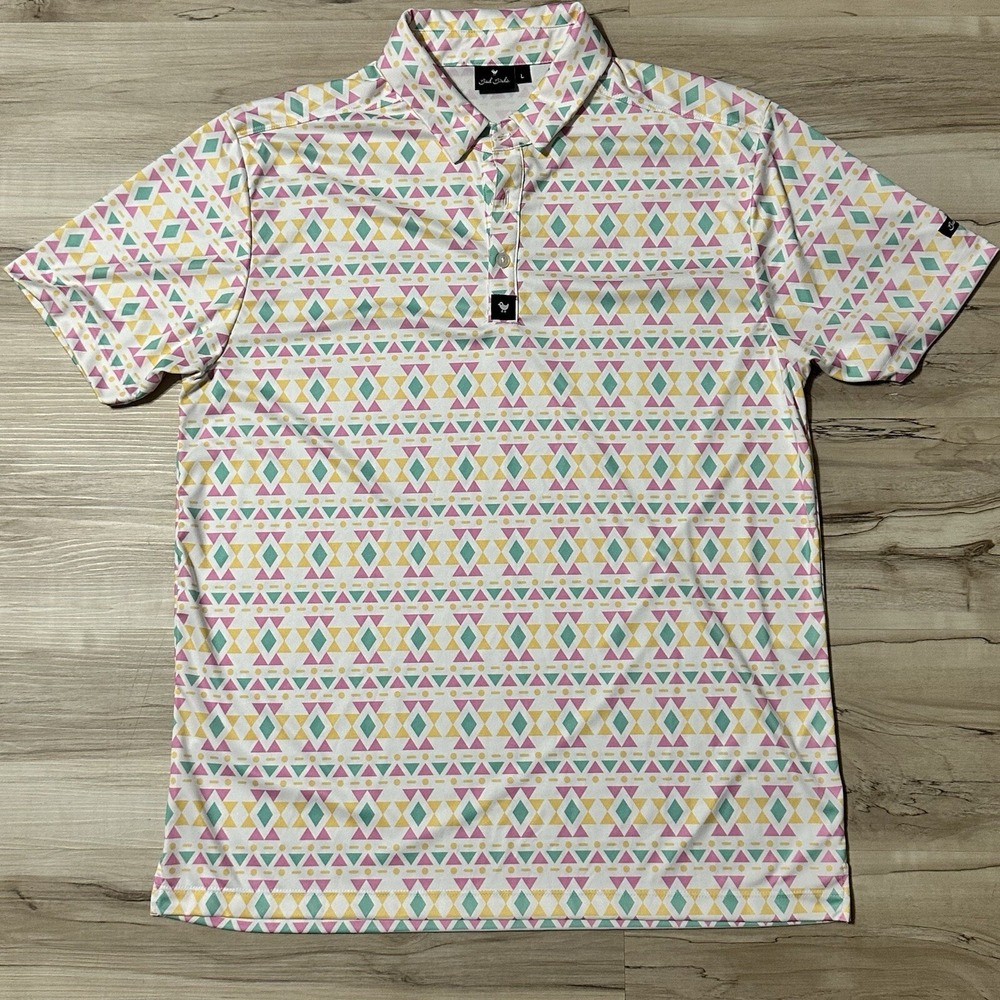 Bad Birdie Polo Mens Large All Over Print Aztec Southwestern‎ Pastel Preppy Golf
